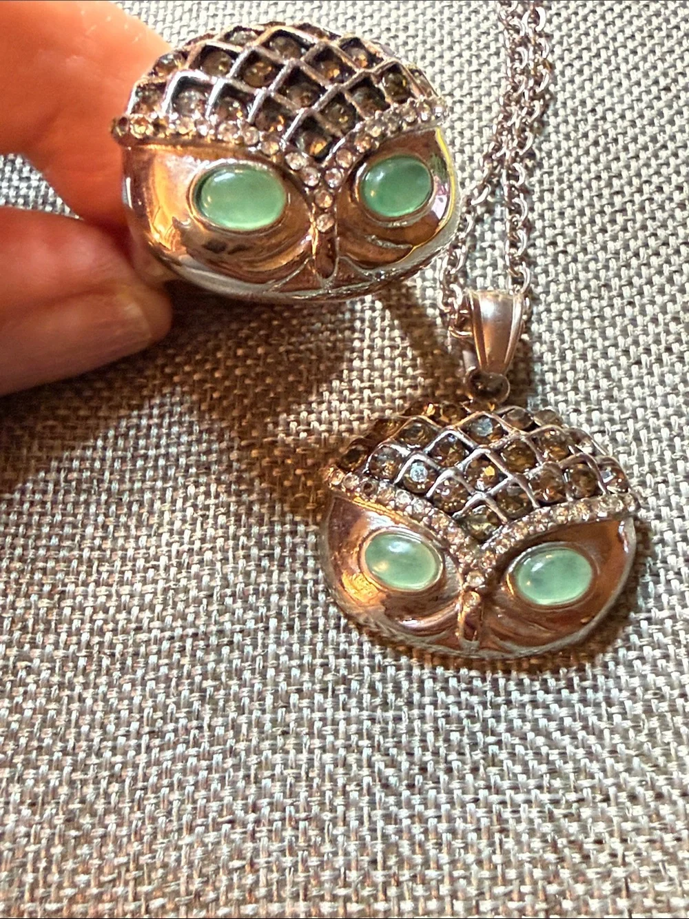 Silver Tone Owl Pendant Necklace and Ring Set with Green Stone Accents